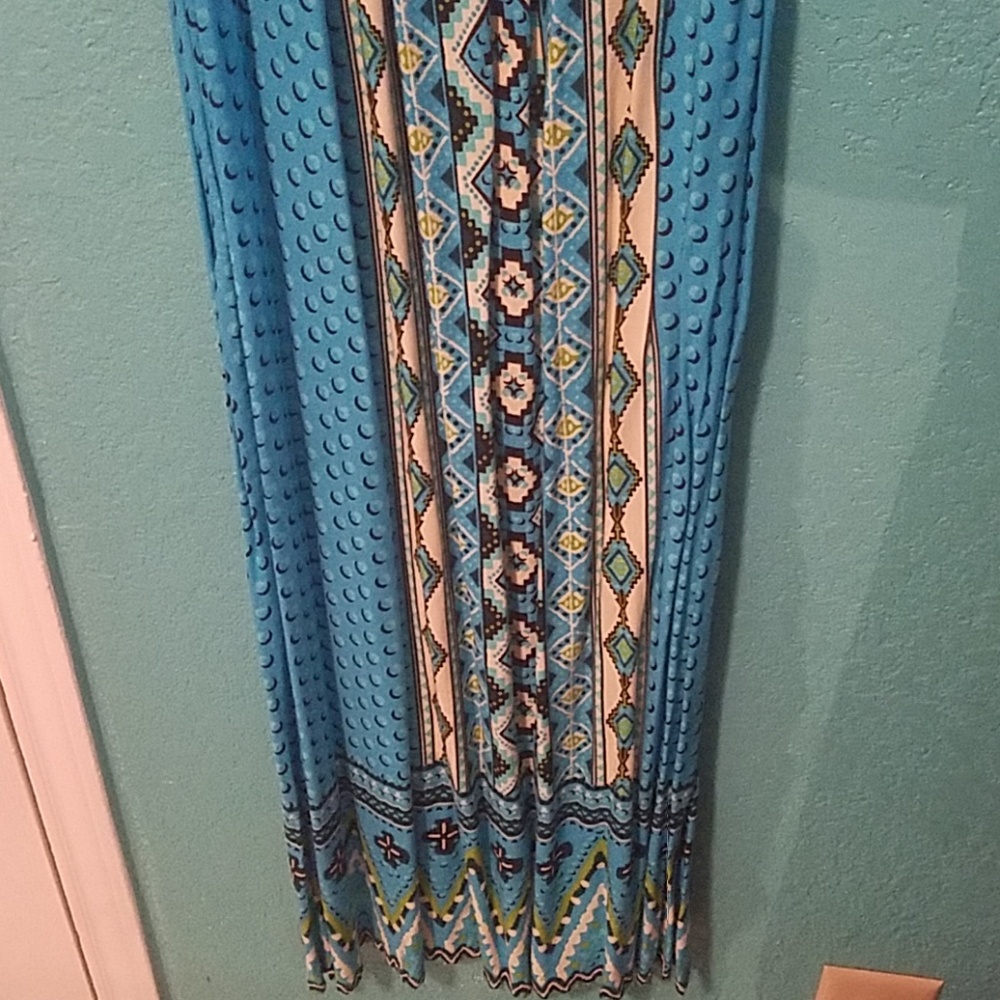Turquoise blue with green and white pattern dress. - Picture 2 of 5